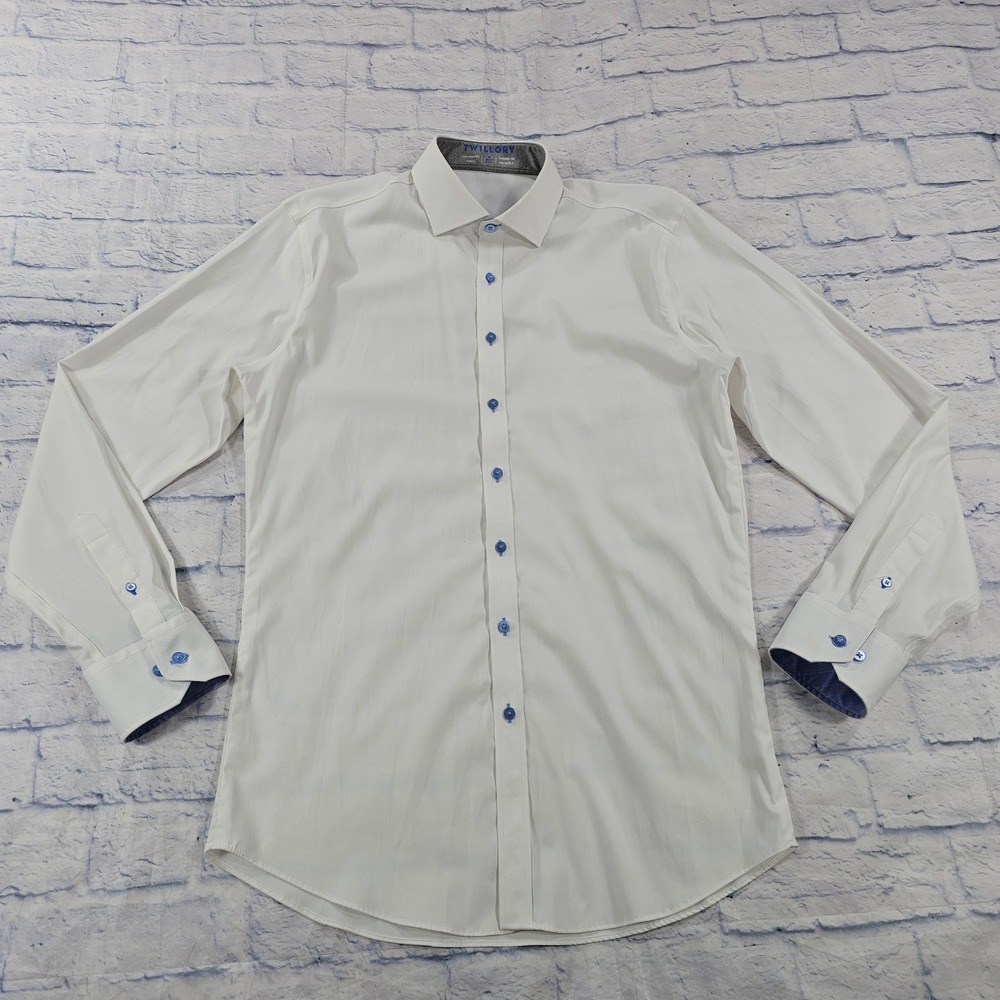 Twillory Performance Dress Shirt MENS 17 36-37 White Trim Fit Blue Buttons